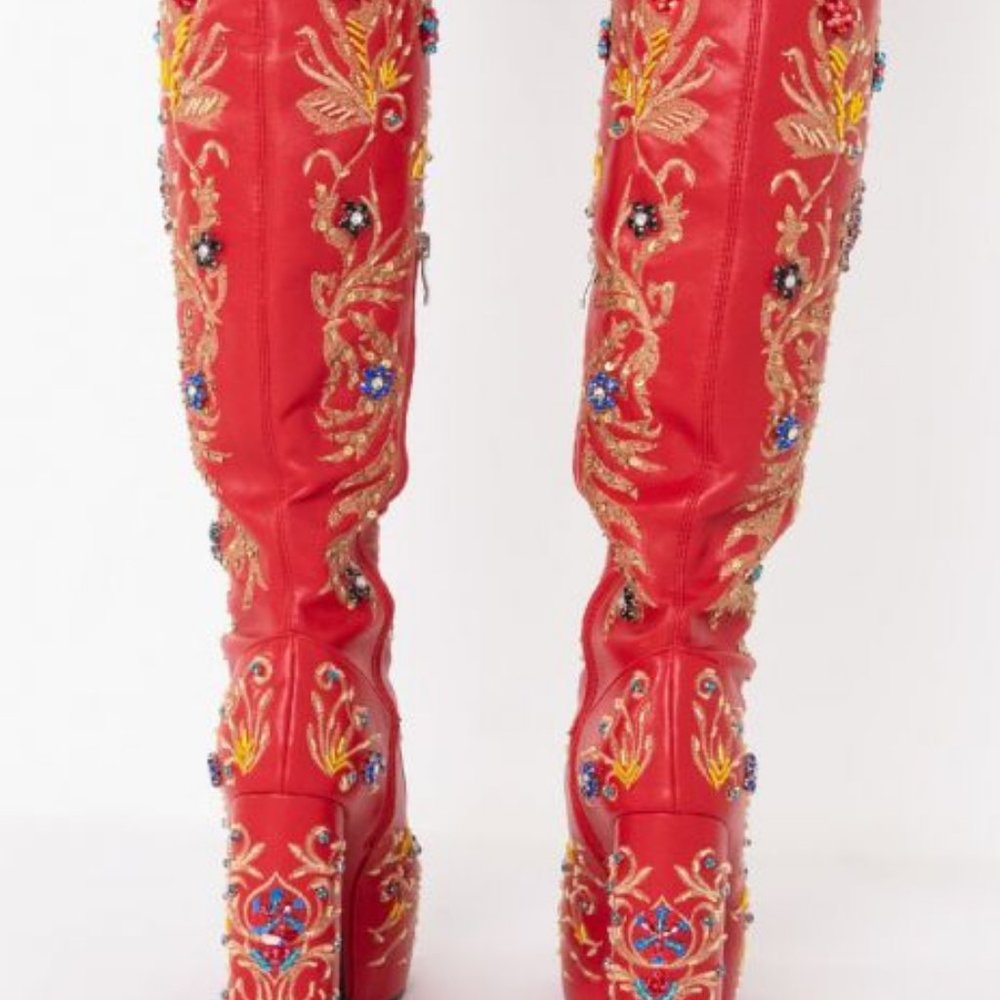 AZALEA WANG ALL ABOUT THE FLASHY HAND BEADED CHUNKY BOOT IN RED( BRAND NEW!!!!! - Picture 5 of 9